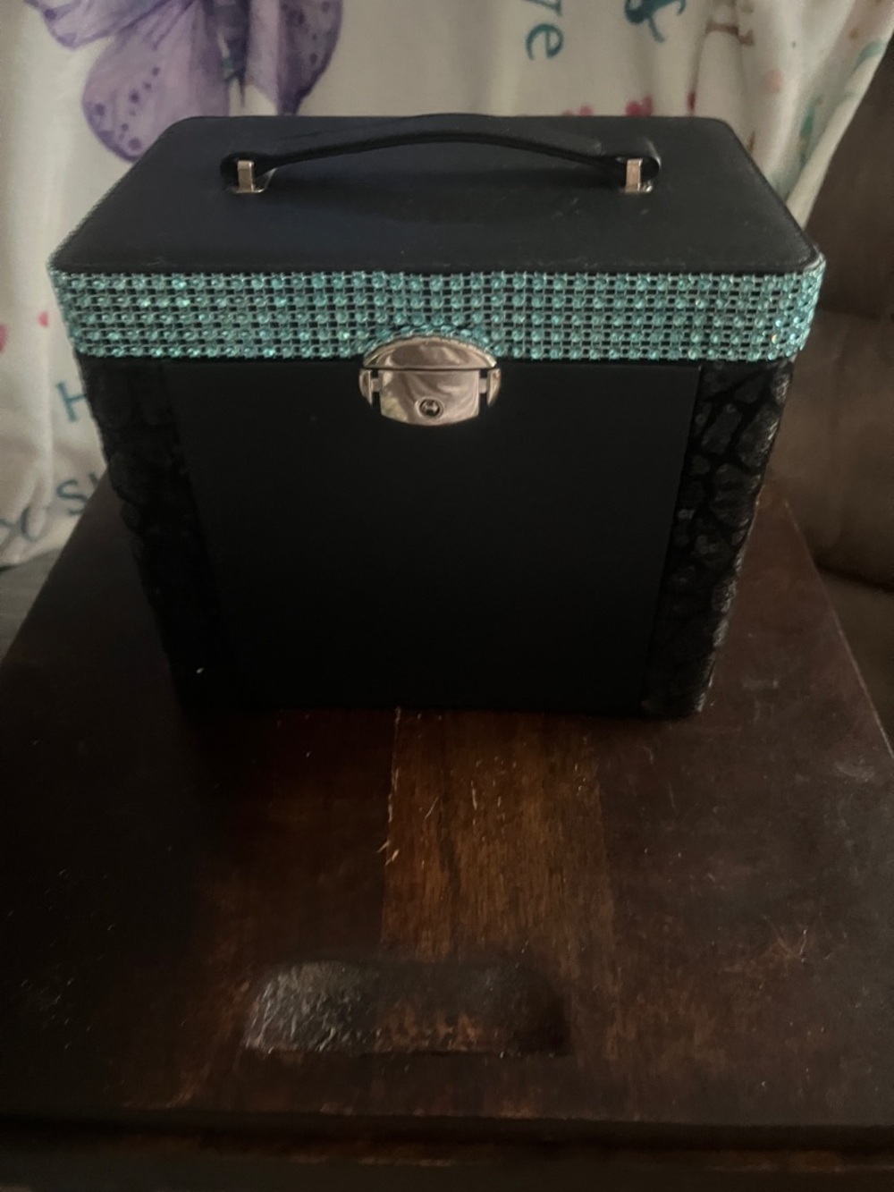 Black Cosmetic Train Case with Teal Rhinestone Trim